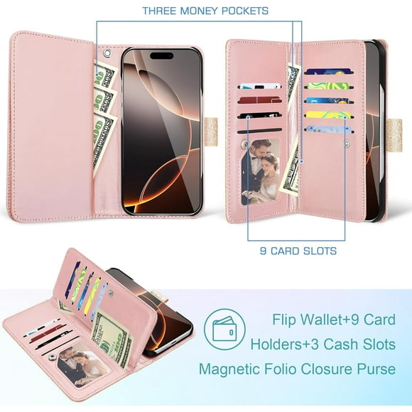 FUN-for iPhone 16 Pro Max Case,iPhone 16 Pro Max Wallet Phone Case,Glitter Sparkle 9 Card Holder PU Leather with Stand Wrist Strap Protective Case for Women Girls,6.9",2024,Desert Titanium Gold