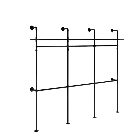FUNA 118.3 Inch Industrial Pipe Garment Rack Heavy Duty Wall Mounted Clothing Rack with RGB LED Light & Storage Shelves Reversible Walk-in Closet Organizer System Black
