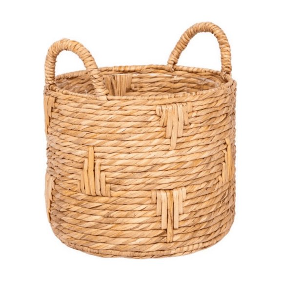 FUNA 12 Inch Round Handwoven Bulrush Plant Basket Decorative Planter Basket with Handles & Plastic Liner