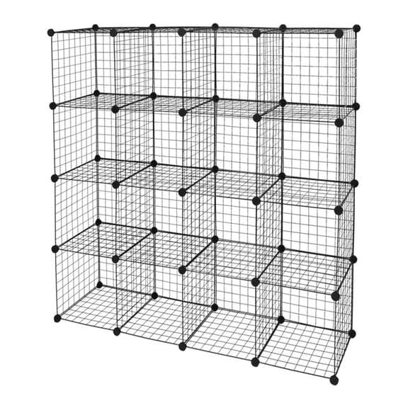 FUNA 16 Cube Wire Storage Organizer DIY Modular Metal Grid Shelving Unit Black Stackable Cubby Bookcase for Home Office Bedroom