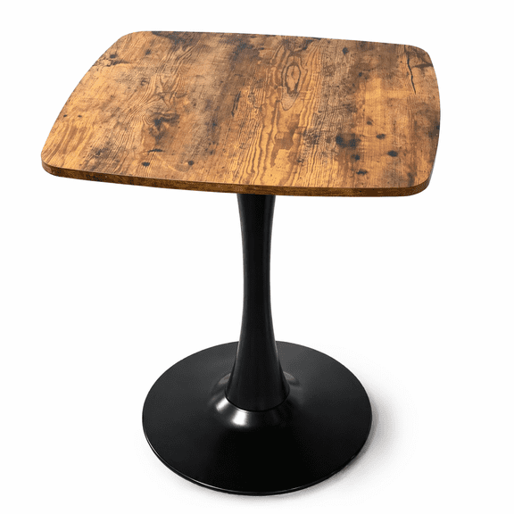 FUNA 24 Inch Square Tulip Dining Table MDF Tabletop with Matte Black Metal Pedestal Base Mid Century Modern Bistro Table for Kitchen Living Room Cafe Rustic Brown
