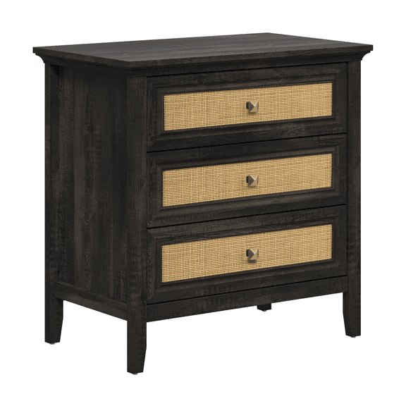 FUNA 3 Drawer Rattan Dresser Dark Rustic Oak Farmhouse Storage Chest