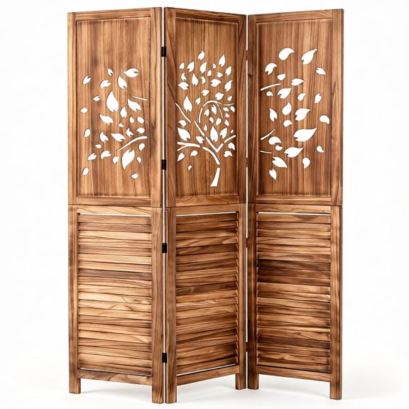 FUNA 3 Panel Paulownia Wood Folding Room Divider Tree Leaf Cutout Privacy Screen Rustic Brown Freestanding Partition