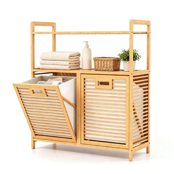 FUNA 32 Inch Freestanding Bamboo Laundry Cabinet Double Compartment Laundry Hamper with Raised Guardrail Top Shelf Rounded Corner Tilt Out Dirty Clothes Storage Bin with Removable Fabric Bags