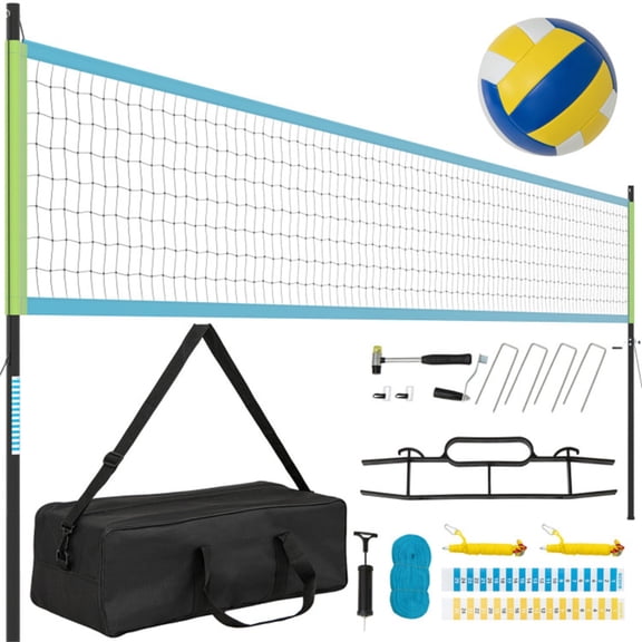 FUNA 32ft x 3ft Heavy Duty Volleyball Net Set 3-Level Adjustable Poles with Anti-Sag Winch Complete Outdoor Game Kit Blue Green