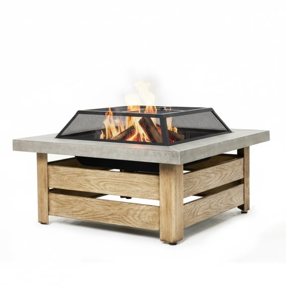 FUNA 34‑Inch Square Wood‑Burning Fire Pit Table Heavy‑Duty Iron Outdoor Firepit with Decorative Cut‑Out Design for Patio Backyard Gatherings