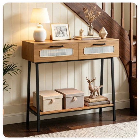 FUNA 36 Inch LED Console Table Narrow Entryway Sofa Table with Remote Control 16 RGB Lights 2 Fluted Drawers & Open Storage Shelf for Living Room Hallway