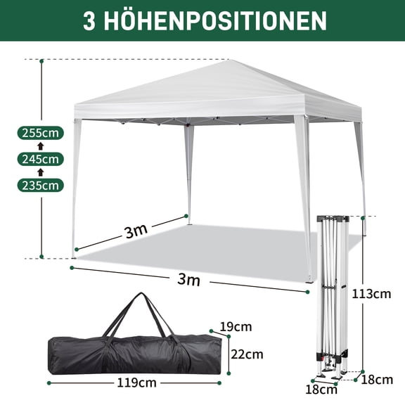 FUNA 3x3m White Folding Outdoor Tent, Waterproof 210D Oxford Canopy Tent with 2 Doors & 2 Windows for Event Camping