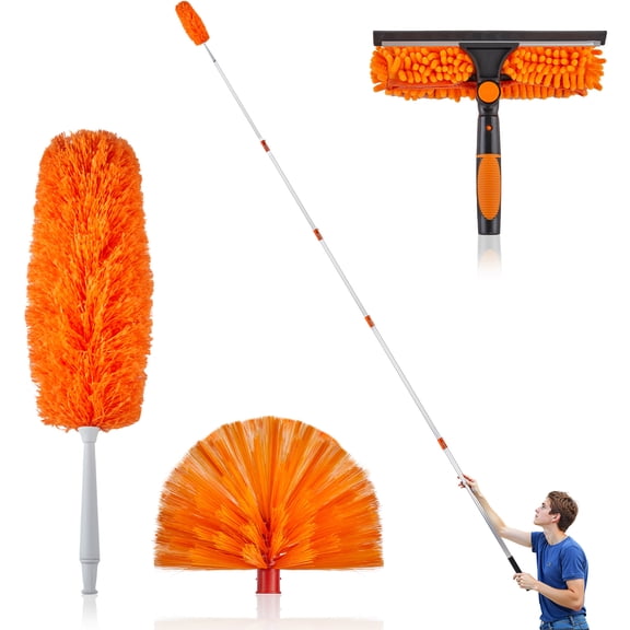 FUNA 4-24FT Adjustable High Reach Duster Kit Aluminum Telescopic Pole with Multi Cleaning Heads for Indoor Outdoor Use
