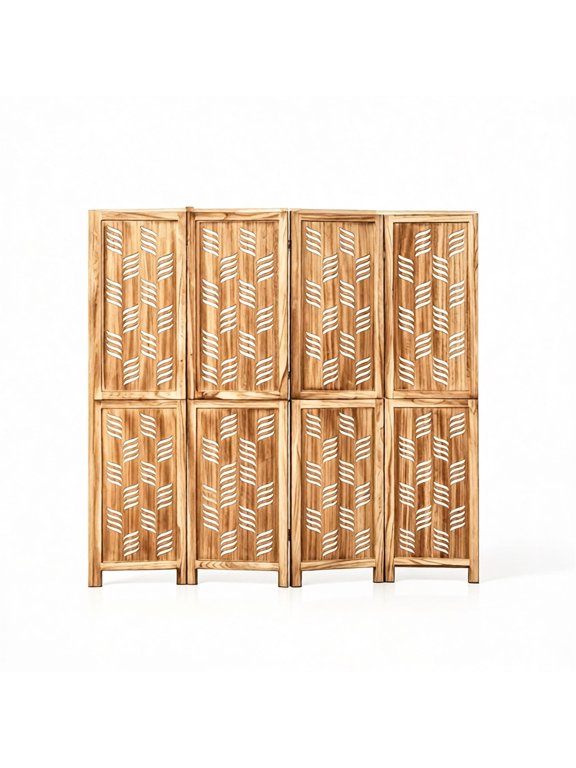 4 Panel Paulownia Wood Folding Room Divider Wave Cutout Privacy Screen Brown Freestanding Partition