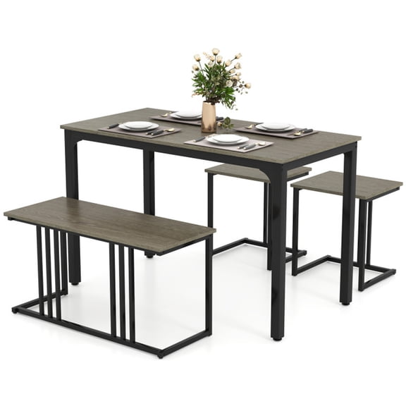 FUNA 4-Piece Oak Dining Table Set with Bench & 2 Stools Space-Saving Nested Kitchen Dining Furniture Set Heavy-Duty Steel Frame Multi-Purpose Dinner Table Set