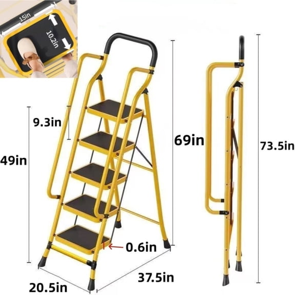 FUNA 4 Step Folding Steel Ladder with Padded Handrails Anti-Slip Wide Pedals Step Stool Supports 500 Lbs Compact Foldable Safety Ladder for Home Garage Office