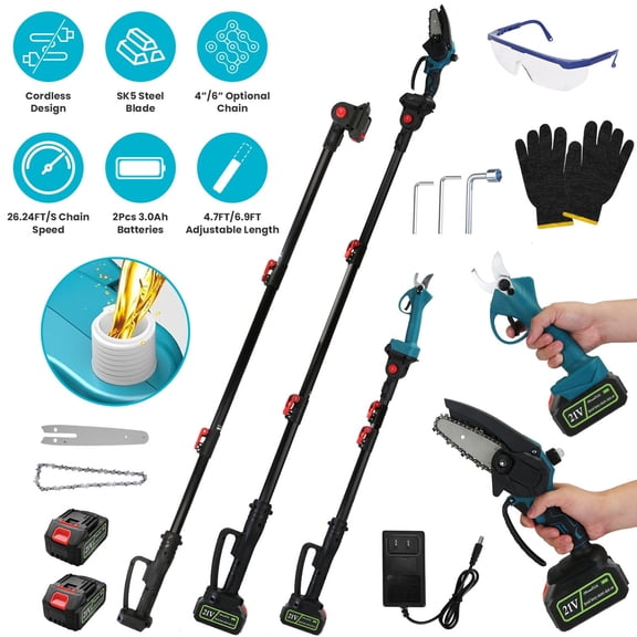 FUNA 4-in-1 Cordless Pole Saw & Pruning Shears Kit Adjustable 7-Angle Tree Trimming Tool with 2Pcs 3000mAh Rechargeable Batteries & Extension Poles