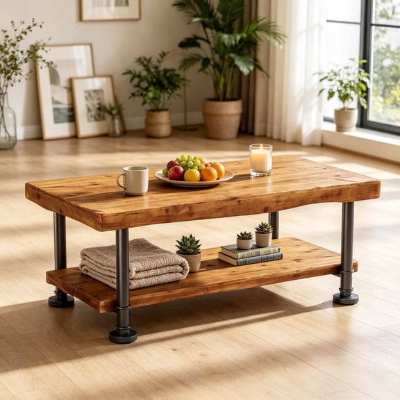 FUNA 47.24” Live Edge Fir Wood Coffee Table 2-Tier Rustic Farmhouse Center Table with Sturdy Metal Legs for Living Room