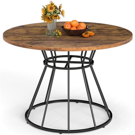 FUNA 47 Inch Brown Round Dining Table Hourglass Metal Base Curved Tabletop Seats 4-6 People