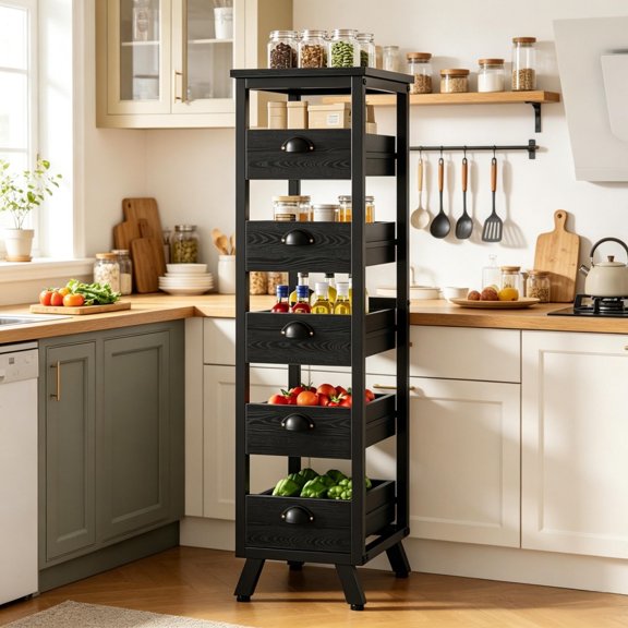 FUNA 5-Drawer Kitchen Storage Rack Freestanding Pull-out Organizer Shelf Heavy Duty MDF Metal Frame for Fruit Vegetable Snack Storage