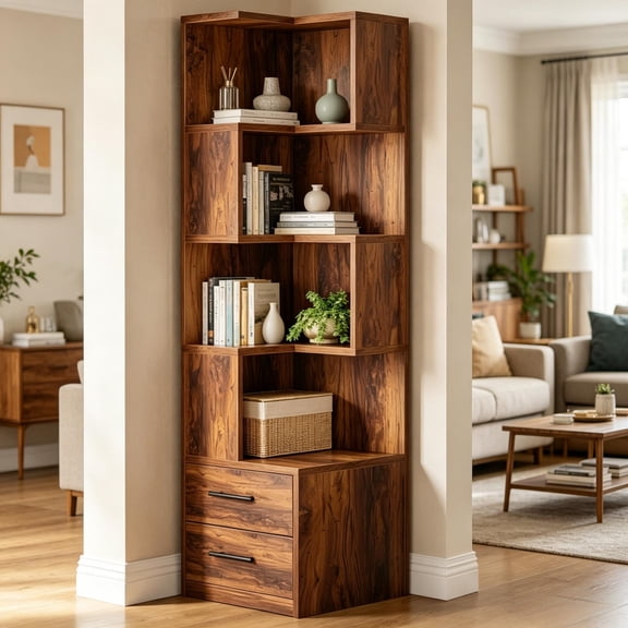 FUNA 5-Tier L-Shaped Corner Bookshelf Rustic Open Display Bookcase with 2 Storage Drawers & Anti-Topple Kit for Home Office Kitchen