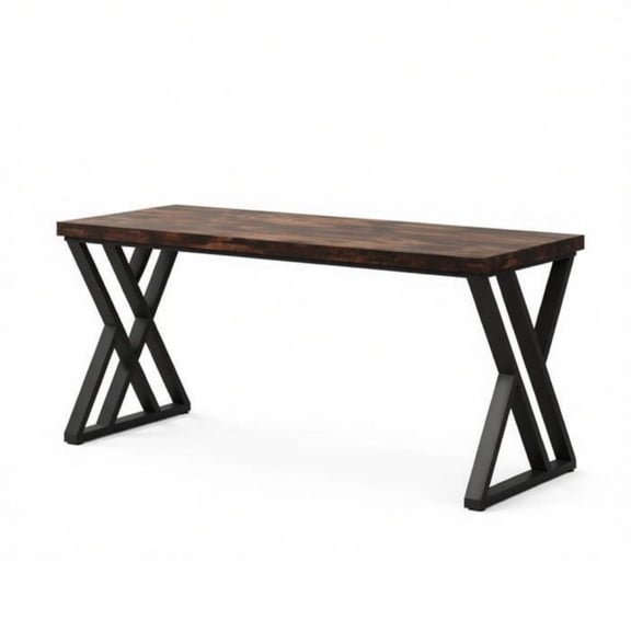 FUNA  55 Inch Industrial Office Desk with Rustic Wood Top Z Shaped Steel Legs 330 Lbs Writing Computer Work Table