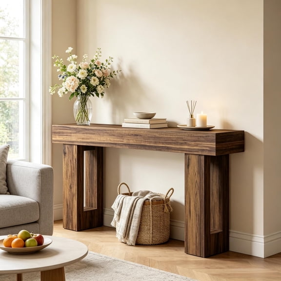FUNA 63 Inch Farmhouse Console Table Rustic Wood Finish MDF Entryway Sofa Table with Anti-Slip Foot Pads
