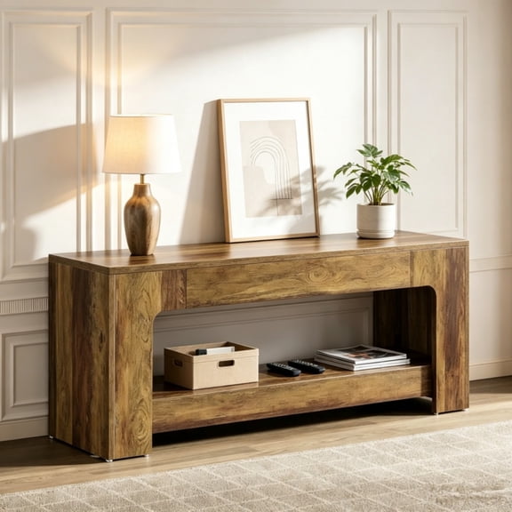 FUNA 63 Inch Farmhouse TV Stand Multifunctional Open Storage Console Table for 75 Inch TVs