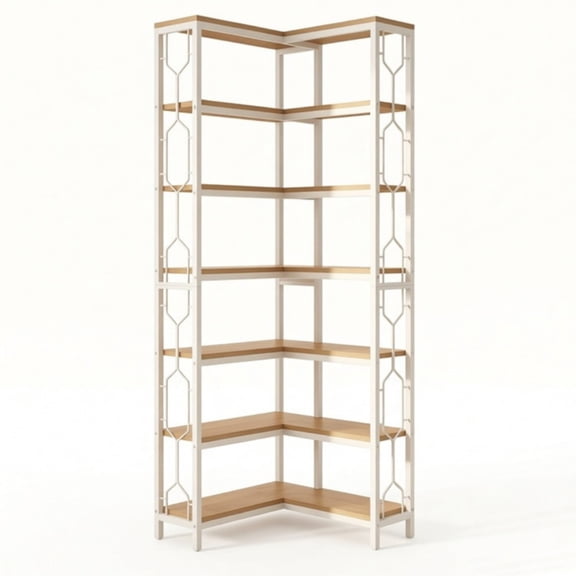 FUNA  7-Tier Hexagonal Corner Bookshelf Particle Board Storage Shelf with Black Metal Frame & Side Railings