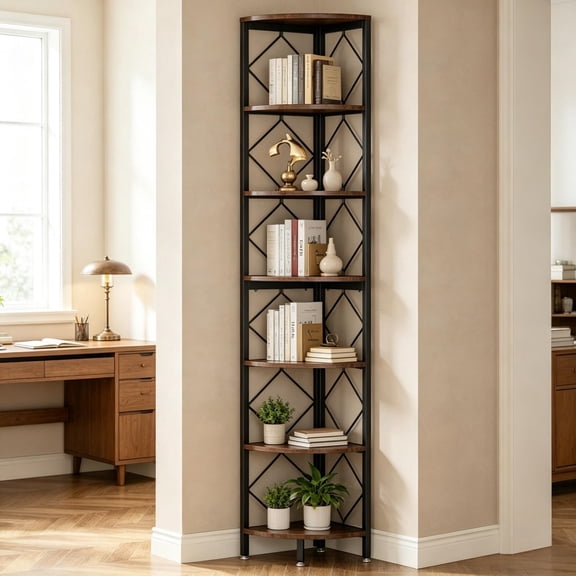 FUNA 7-Tier Tall Corner Bookshelf Space Saving Freestanding Storage Shelf with Metal Frame Heavy Duty Display Organizer for Home Office Living Room Kitchen 13.7713.7778.7 Inch