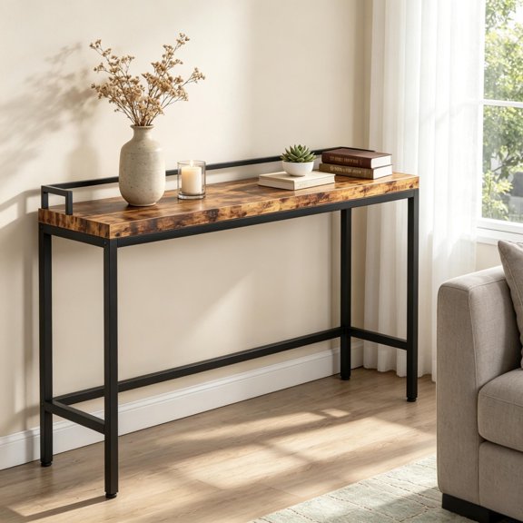 FUNA 70.9 Inch Retro Narrow Console Table  Industrial Sofa Side Table with Stable Metal Frame for Living Room Entryway Hallway