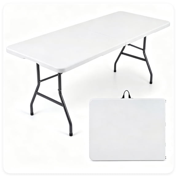 FUNA 71 Inch Foldable Camping Table White HDPE Waterproof Portable Utility Table with Lockable Metal Legs Half Folding Design Easy Storage Outdoor Table for Picnic Wedding Backyard Events