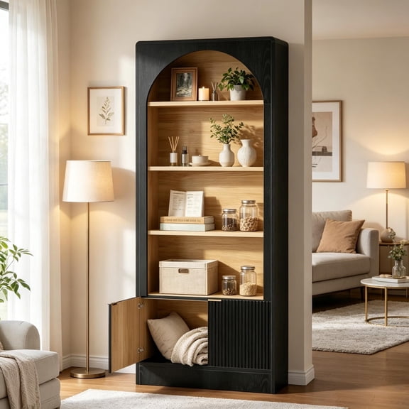 FUNA 71" Tall Arched Fluted Bookcase Black Oak Storage Cabinet with 5 Open Shelves & Anti-Tip Device for Home Office