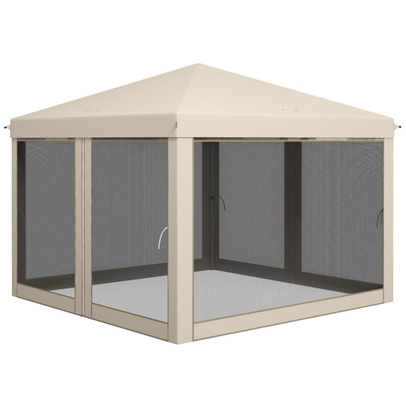 FUNA 9.7x9.7 FT Beige Outdoor Party Canopy Tent UV Protection Pop Up Shelter with Removable Mesh Sidewalls & Stable Steel Frame