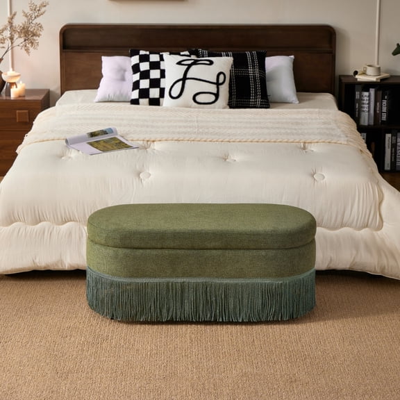 FUNA Beige Oval Upholstered Storage Ottoman with Fringe Trim Lift-Top Multi-Functional Footrest with Metal Frame for Living Room Bedroom