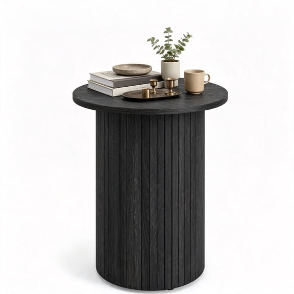 FUNA Black Fluted Round Pedestal Side Table 18" Compact Nightstand with X-Brace Support Rounded Edges & Non-Slip Pads for Small Spaces Home Decor