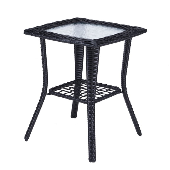 FUNA Black Outdoor Wicker Side Table 2-Tier Rattan End Table with Tempered Glass Top Patio Coffee Table for Porch Balcony Indoor Garden