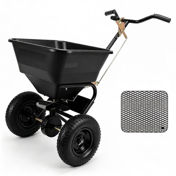 FUNA Black Walk-Behind Broadcast Spreader 66 Lbs Capacity Adjustable Flow Push Spreader with 13 Inch Pneumatic Wheels for Seed Fertilizer Ice Salt