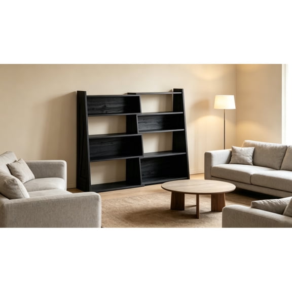 FUNA Black Woodgrain MDF Foldable Bookshelf 3-in-1 Modular Asymmetrical Bookcase for Home