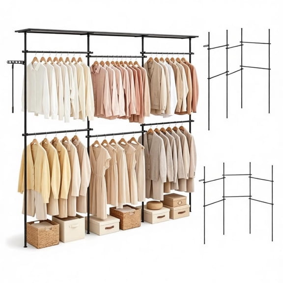 FUNA No Drill Floor to Ceiling Tension Clothes Rack, Heavy Duty Carbon Steel Garment Organizer I/L/45 Adjustable Closet System with 4 Vertical Rods 6 Telescopic Hanging Bars Black