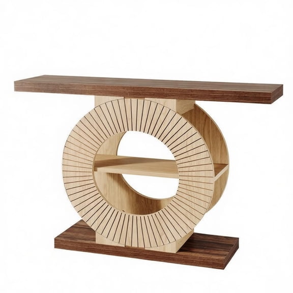 FUNA Farmhouse Style 3-Tier Console Table Wooden Multi-Shelf Accent Side Table with Circular Base for Entryway Living Room Bedroom