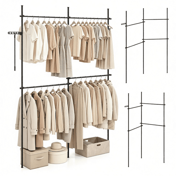FUNA Floor to Ceiling Tension Clothes Rack No Drill Heavy Duty Carbon Steel Garment Organizer I/L/45° Adjustable Closet System with 3 Vertical Rods 4 Hanging Bars Black