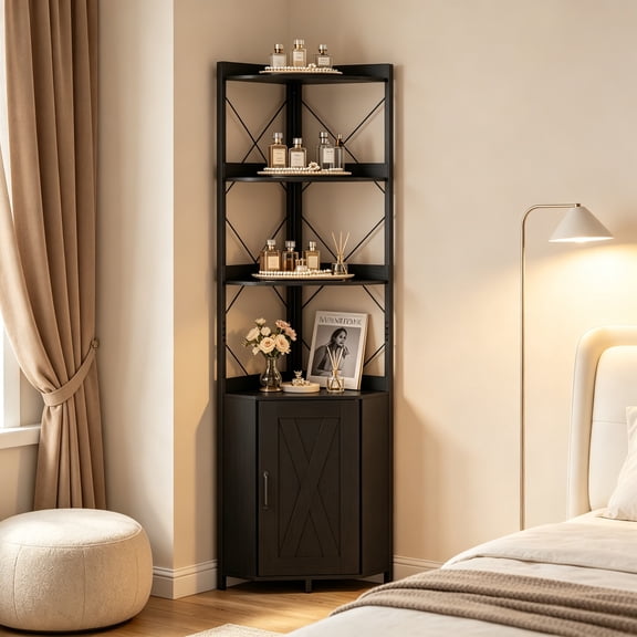 FUNA Freestanding Black Corner Shelf 4-Tier Open Display Rack with Closed Storage Cabinet Metal Frame Corner Bookcase for Living Room Bedroom & Small Spaces