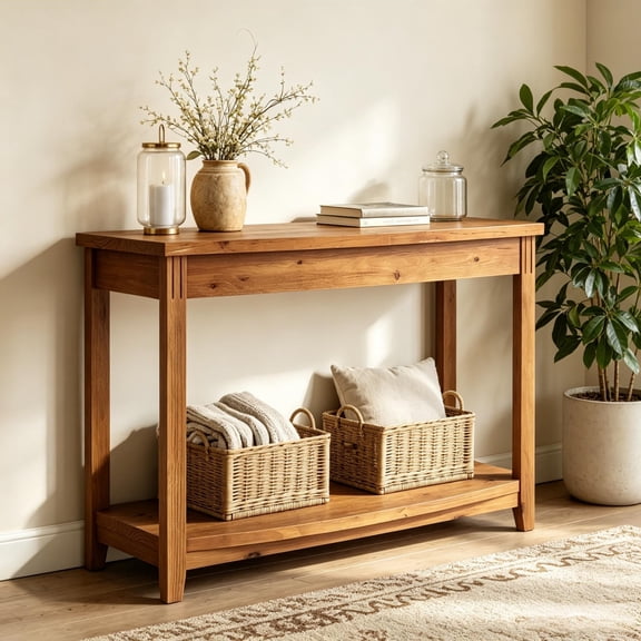 FUNA Half Moon Solid Wood Console Table  Farmhouse Dual Tier Entryway Accent Table for Living Room Hallway