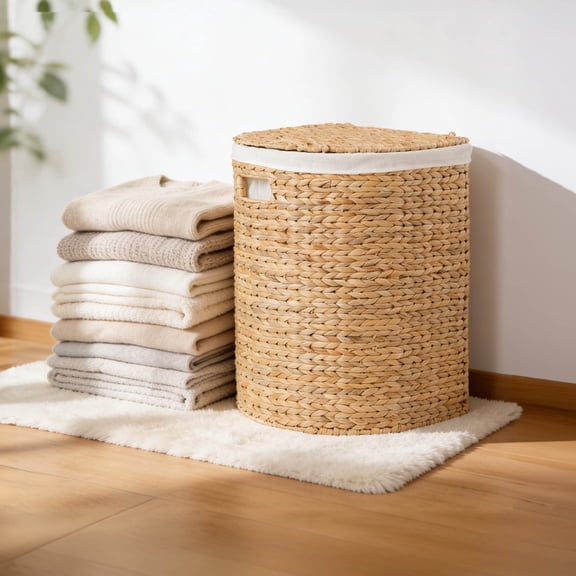 FUNA Half Oval Water Hyacinth Woven Laundry Hamper with Lid, Natural Light Brown 16.9" x 13.8" x 20.5"