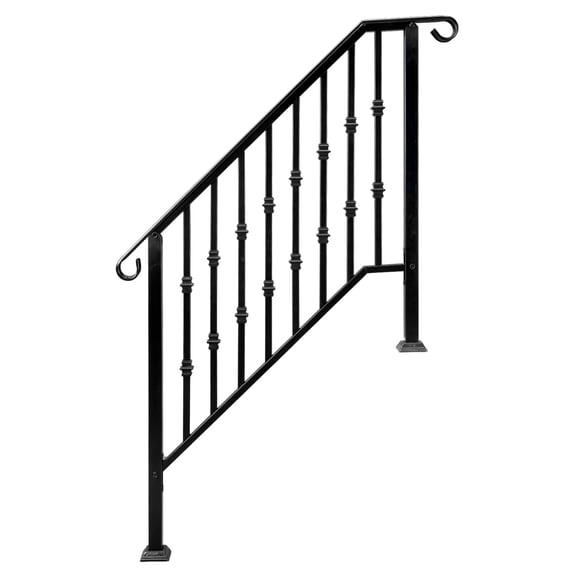 FUNA  Matte Black 3 to 4 Steps Outdoor Iron Handrail Heavy Duty Galvanized Iron Stair Railing with Curved Design Complete Installation Kit for Garden Porch Home Use
