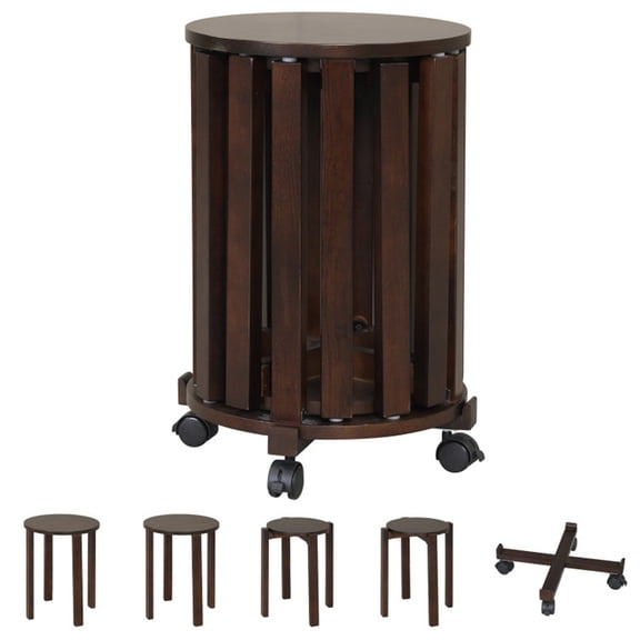 FUNA 4-Piece Walnut Stackable Nesting Stools Set Solid Rubber Wood Stools with Lockable Rolling Base