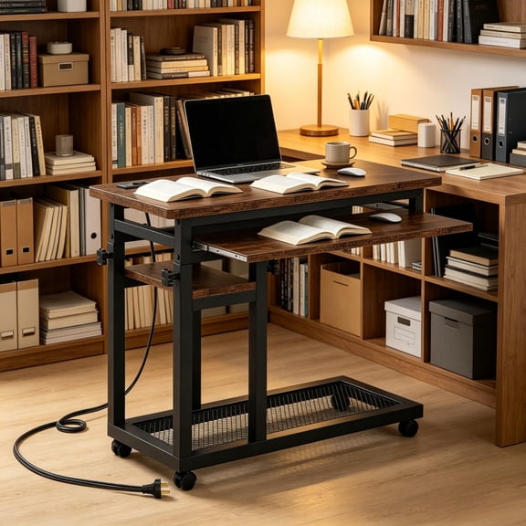FUNA Mobile C Shaped Side Table with Lockable WheelsRolling Adjustable Height Sofa End Table Multi-Functional Laptop Snack Table for Home Bedroom Living Room