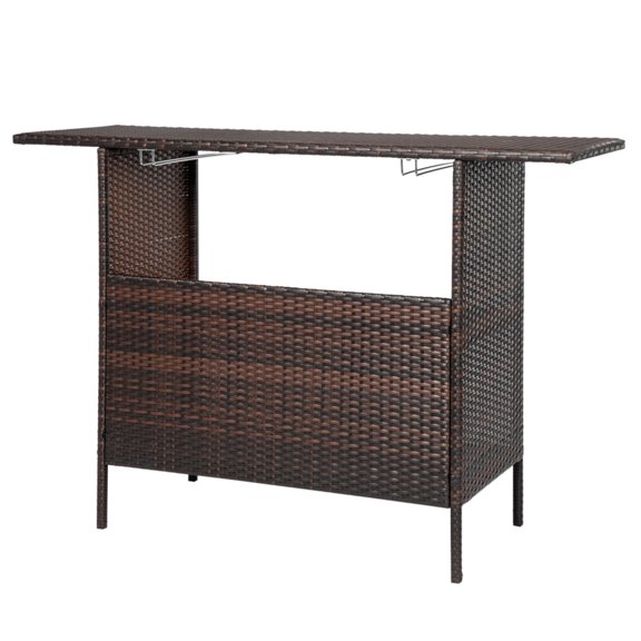 FUNA Modern Brown Gradient Bar Table PE Rattan Iron Frame Pub Table with 2 Stainless Steel Cup Holders