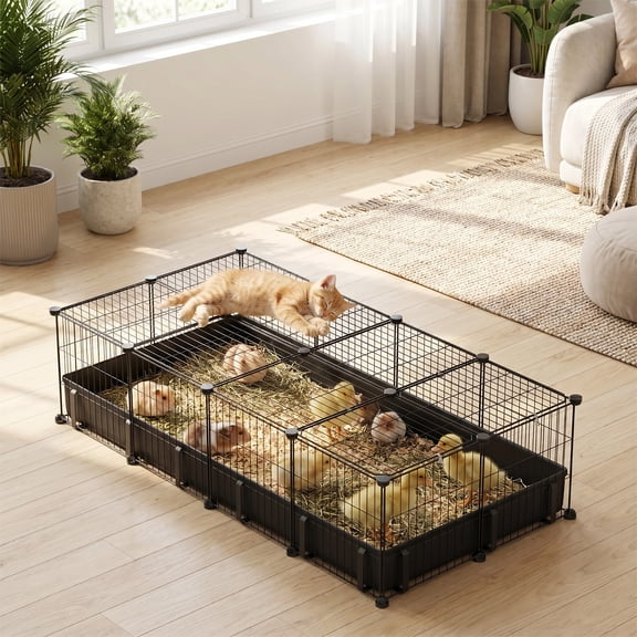 FUNA Modular Metal Small Pet Playpen DIY Multi-Shape Enclosure with Waterproof Mat, Black