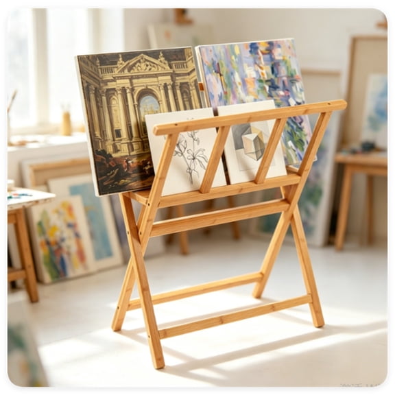 FUNA Natural Bamboo Art Storage Rack Heavy Duty Canvas Print Display Stand Holds Artwork Up to 34"x19" 22 LBS Capacity Art Organizer for Studio Gallery Classroom Home Use