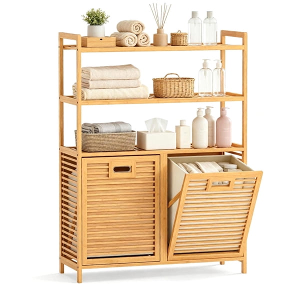 FUNA Natural Bamboo Tilt Out Laundry Hamper Cabinet 2 Removable 7 Gallon Fabric Baskets Ventilated Laundry Sorter with Open Storage Shelves Anti-Tip Design for Bathroom Bedroom Laundry Room