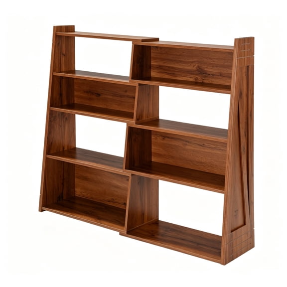 FUNA Natural Wood Brown MDF Foldable Bookshelf 3-in-1 Modular Asymmetrical Storage Bookcase for Living Room Bedroom