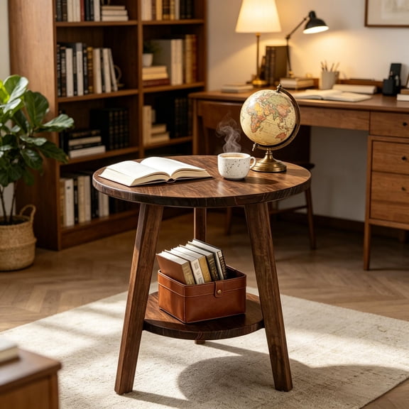 FUNA Rustic Solid Fir Wood Round End Table 2-Tier Storage Side Table for Living Room Bedroom
